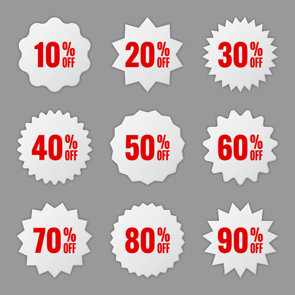 Price tags collection, special offer or shopping discount label with percent, discount percentage value. White retail paper sticker. Promotional sale badge. Vector illustration. - Vector, Image