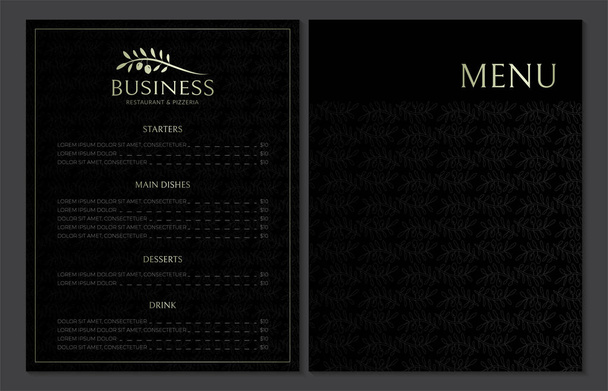 オリーブのロゴとパターンで黒のイタリアンスタイルのレストランのためのエレガントなメニューデザイン - ベクター画像