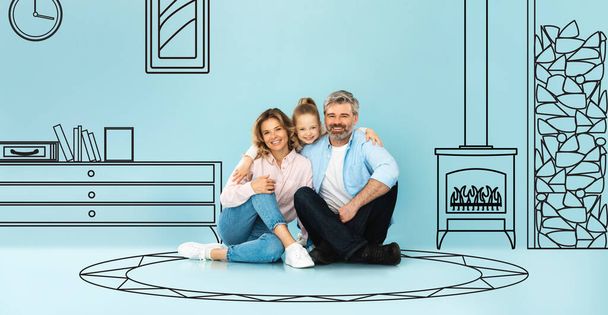 Χαμογελώντας μικρό ευρωπαϊκό κορίτσι αγκαλιά ενήλικες γονείς στο πάτωμα, απομονώνονται σε μπλε φόντο στούντιο, με ζωγραφισμένα αφηρημένα έπιπλα στο εσωτερικό του σαλονιού. Αγοράστε το δικό του σπίτι, οικογενειακά όνειρα του σχεδιασμού σπιτιού - Φωτογραφία, εικόνα