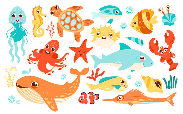 Conjunto engraçado de animais marinhos. Desenho animado bonito ilustração do vetor de caráter marinho. Vida marinha habitante subaquático. Medusa colorida, tartaruga, caranguejo, estrela do mar, polvo, baleia, medusa criatura bebê aquático - Vetor, Imagem