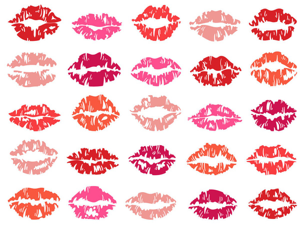Rojo, rosa, beige sexy labios femeninos lápiz labial beso impresiones ilustración vectorial aislado conjunto sobre fondo blanco. Mujer boca maquillaje amor signo impresión diferente color y forma moda diseño elemento - Vector, imagen
