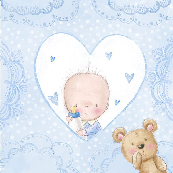 Ευχετήρια κάρτα για το μωρό ντους. Αγοράκι με αρκουδάκι, φόντο αγάπη για τα παιδιά. - Φωτογραφία, εικόνα