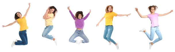 Women jumping on white background, collage with photos - Foto, Bild