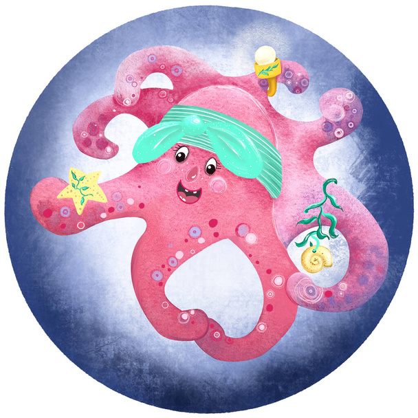 Roze meisje octopus illustratie geïsoleerd op witte achtergrond - Foto, afbeelding