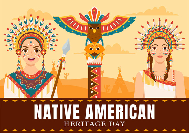Векторная иллюстрация Дня индейского наследия с празднованием ежегодного Дня индейской культуры Америки в США на фоне вклада - Вектор,изображение