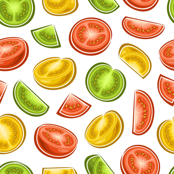 Vector Kleurrijke Tomaat naadloos patroon, herhalen achtergrond met gehakte rijpe tuin tomaten voor beddengoed, decoratieve vierkante poster met groep van platte lay sappige tomaat vruchten voor interieur decor - Vector, afbeelding