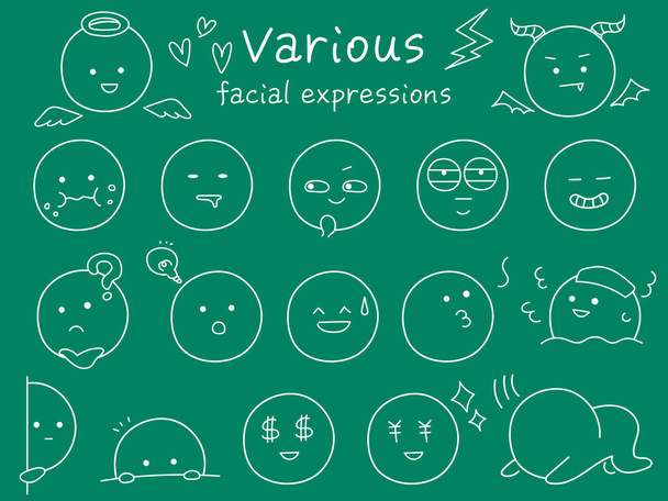 Eenvoudige en leuke icoon set van verschillende gezichtsuitdrukkingen. Witte lijntekening met handgetekende aanraking - Vector, afbeelding