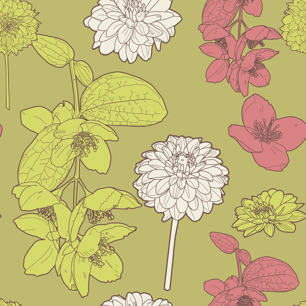 Spring seamless floral vintage japanese green-pink pattern - Vector, afbeelding