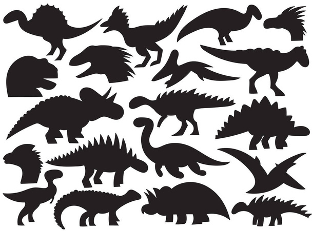 Odizolowany zestaw czarnych sylwetek dinozaurów rysujących jurajskie prehistoryczne ciała potworów i głowę na białym tle. Fantasy drapieżnik i roślinożernych zwierząt starożytnych wektor ilustracji - Wektor, obraz