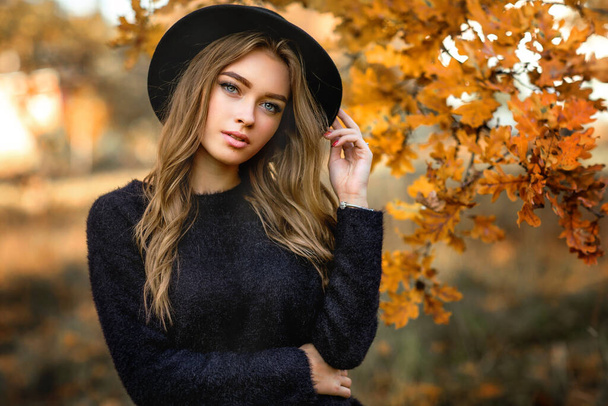 Lähikuva muotokuva Kaunis tyttö tumma mekko ja musta hattu seisoo lähellä värikkäitä syksyn lehtiä. Taideteos romanttinen nainen. Melko arkuus malli katselee kameraa. - Valokuva, kuva