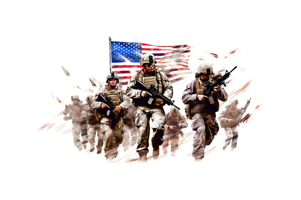 アメリカ国旗の背景にある兵士. ベクトルイラストデザイン - ベクター画像