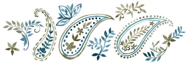 conjunto de acuarela con ornamentos orientales paisley en colores naturales sobre un fondo blanco - Foto, Imagen
