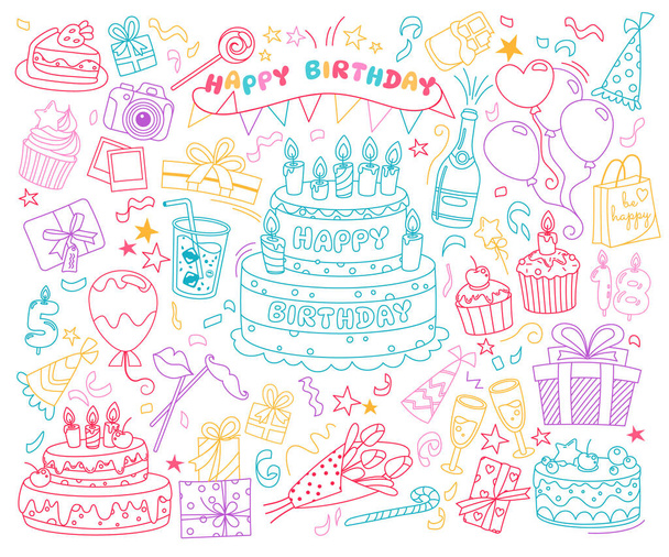 Värillinen hämärä doodle lineaarinen syntymäpäivä juhla tapahtuma juhla kohde ja tarjonta asettaa. Hyvää vuosipäivää viihde onnittelut tarvikkeet symboli käsikäyttöinen suunnittelu vektori kuva - Vektori, kuva