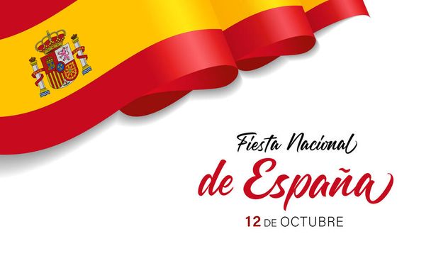 Fiesta nacional de Espana, 12 de Octubre with 3d Spain wave flag. Translation - National holiday of Spain, October 12. Vector design template for web banner or print - Vector, Image