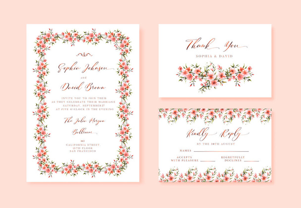 Watercolor esküvői vektor virágos meghívó, köszönöm, és rsvp kártya akvarell design készlet: kerti virág rózsaszín őszibarack színű arany betűkkel. - Vektor, kép