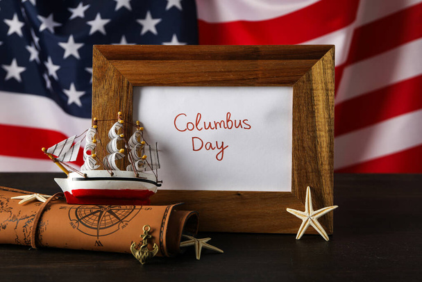 Día de Colón. Marco de madera con la inscripción "Columbus Day" - Foto, Imagen