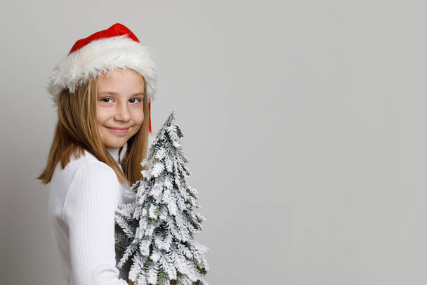 Schöne glückliche Kind Mädchen mit Weihnachtsmütze hält schneegrünen Weihnachtsbaum auf weißem Hintergrund mit Kopierraum - Foto, Bild