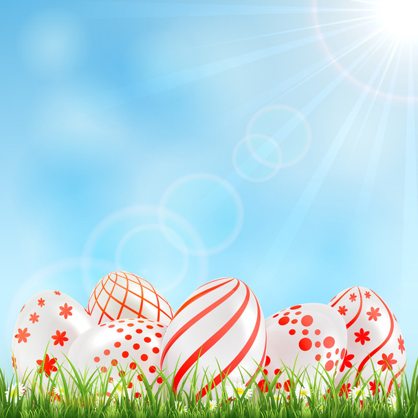 Red Easter egg in a grass - Διάνυσμα, εικόνα