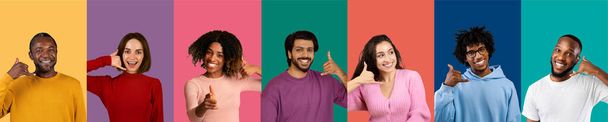 Collection of studio portraits of positive cheerful multiracial millennials showing call me gesture and smiling isolated on colorful background, collage, banner. Communication concept - Photo, Image