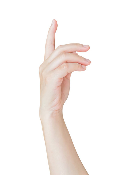 Mão feminina tocando ou apontando para algo isolado no fundo branco
 - Foto, Imagem