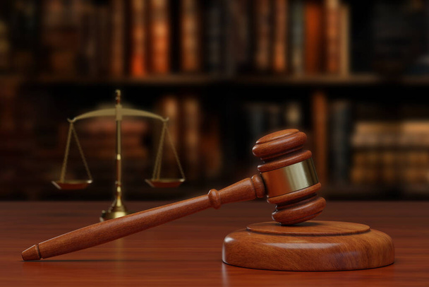 Dřevěný kladívko a justiční stupnice na dřevěném stole. Spravedlnost. 3D ilustrace. - Fotografie, Obrázek