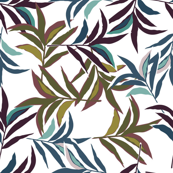 様式化された熱帯ヤシの葉の壁紙。ジャングルヤシの葉のシームレスなパターン。生地、テキスタイルプリント、ラッピング、カバーのためのデザイン。ファッションベクトルイラスト - ベクター画像