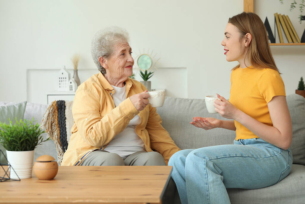 Jeune femme avec sa grand-mère boire du thé sur le canapé à la maison - Photo, image