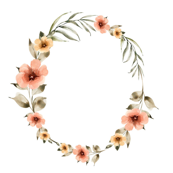 Round frame with delicate pink watercolor flowers, hand painted. - Photo, Image