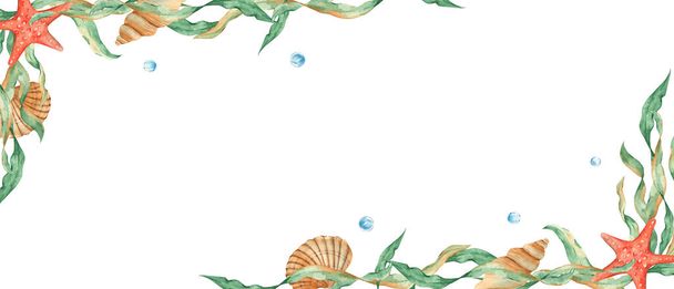 Seaweeds, seashells, red starfish and water bubbles. Watercolor horizontal banner, frame. Hand drawn illustration. Perfect as a web banner, card and invitation template, for marine design - Photo, Image