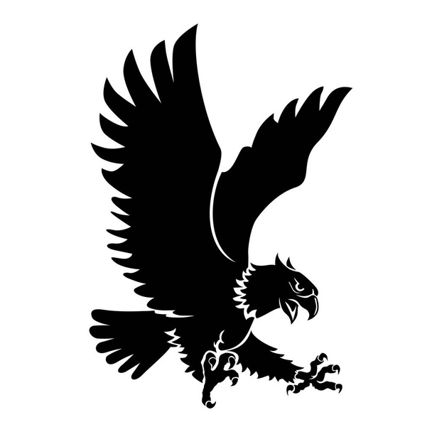 Eagle attacking prey from above. Hawk silhouette diving down. Wild falcon with outstretched paws with claws. Vector template for logo, tatoo, sport emblem on transparent background - Vector, Image