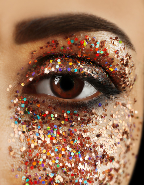 Female eye with fancy glitter makeup, macro view - Φωτογραφία, εικόνα