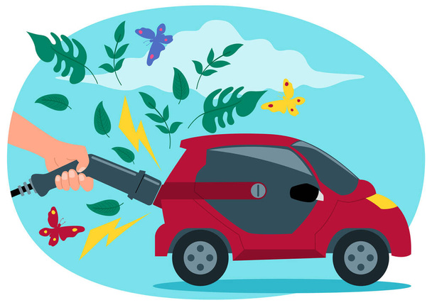 Carga manual de un coche eléctrico, hojas y mariposas emergen de los coches de escape, idea de transporte sostenible. Energía verde, conciencia ecológica y medioambiental. - Vector, imagen