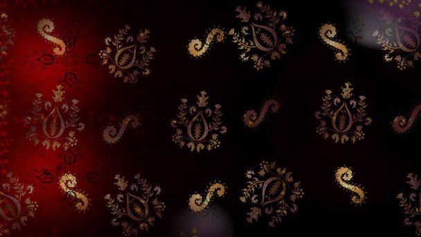 Pattern on red, brown and black colors with golden elements. Classic raster golden pattern. Traditional orient ornament. Classic vintage background. - Photo, Image