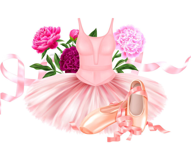 Composição balé realista com belos sapatos de vestido de bailarina rosa com fitas de cetim e peônias ilustração vetorial - Vetor, Imagem