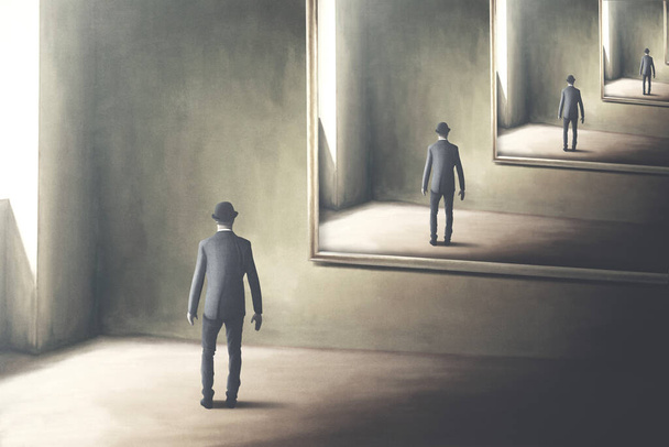 illustration de l'homme se reflétant dans le miroir, boucle concept surréaliste - Photo, image