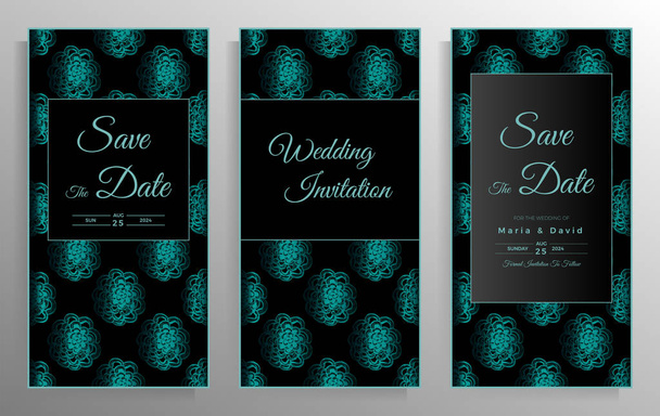 Huwelijksuitnodiging ontwerp. Set van elegante kaartsjablonen met grafische bloemenpatronen. Vectorillustratie. - Vector, afbeelding