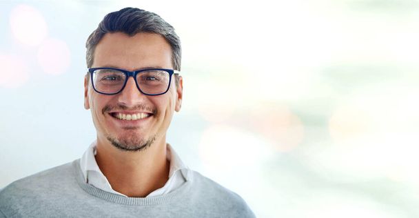 Business, portrait and happy mature man in office with confidence, ambition and good mood with mockup. Face, smile and cheerful male boss excited for startup, agency or company, career or goals. - Valokuva, kuva