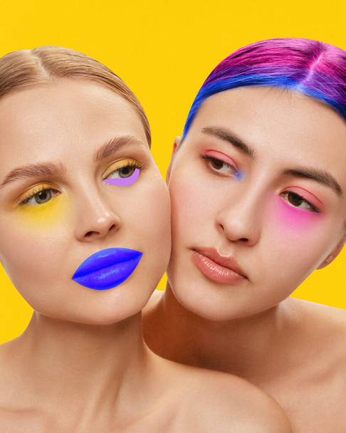 Contemporary creative art collage. Modern artwork. Portrait of two girls woth bare shoulders with bright and unusual make up. New style. Concept of inspiration, idea, trendy magazine style. Surrealism - Photo, Image