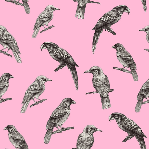 Ročník monochromatický bezešvý vzor s tropickým fantasy ptákem, ručně kreslené tapety na růžové - Fotografie, Obrázek