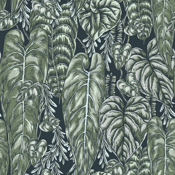 Vettore neutro vintage foglie verdi modello senza soluzione di continuità, moderna carta da parati botanica scuro - Vettoriali, immagini