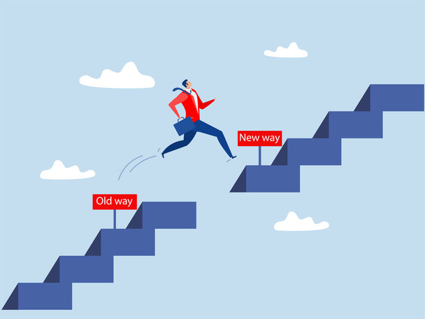 Businessman Jumping up stair to new way, Old way and new way choice, Choose a new direction, make a choice Improvement Concept. - Vector, Image