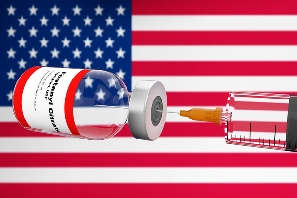 Spektakularna butelka cytrynianu fentanylu unosząca się w powietrzu za pomocą strzykawki przenikającej na tle USA w Stanach Zjednoczonych. Renderowanie 3D. - Zdjęcie, obraz
