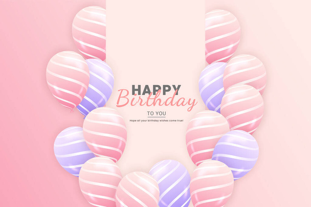 Happy birthday hontal illustration with 3d realist pink and purple balloon on on pink fone with text and glitter confetti - Вектор,изображение