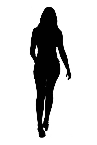 silueta en blanco y negro de la vista trasera de una niña caminando sobre fondo blanco - Foto, Imagen
