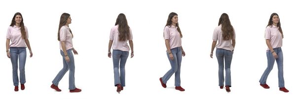 line of front,back and side view of a same young girl walking on white background - Photo, Image