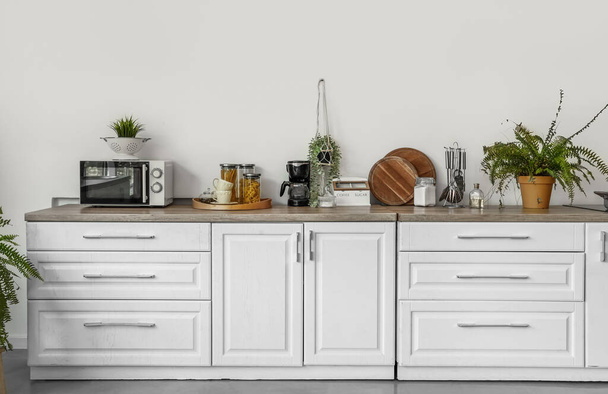 Интерьер современной кухни с белыми столешницами и комнатными растениями - Фото, изображение