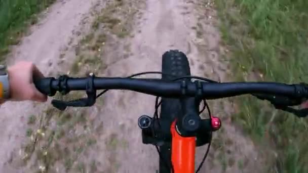 Keski-ikäinen nainen ratsastus rasvaa rengas pyörä luonnossa  - Materiaali, video