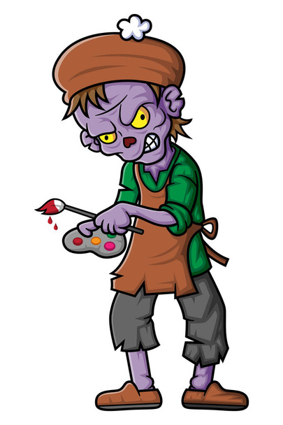 Spooky zombie pittore personaggio dei cartoni animati su sfondo bianco di illustrazione - Vettoriali, immagini