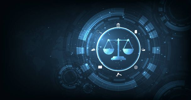Cyberrecht als digitale juridische diensten Arbeidsrecht, Advocaat, op Donkerblauw wazig achtergrond. - Vector, afbeelding