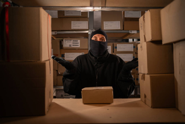 Zloděj přistižen při činu ve skladu s lepenkovými krabicemi, skladištěm a bezpečnostní koncepcí skladu. Kopírovat prostor - Fotografie, Obrázek